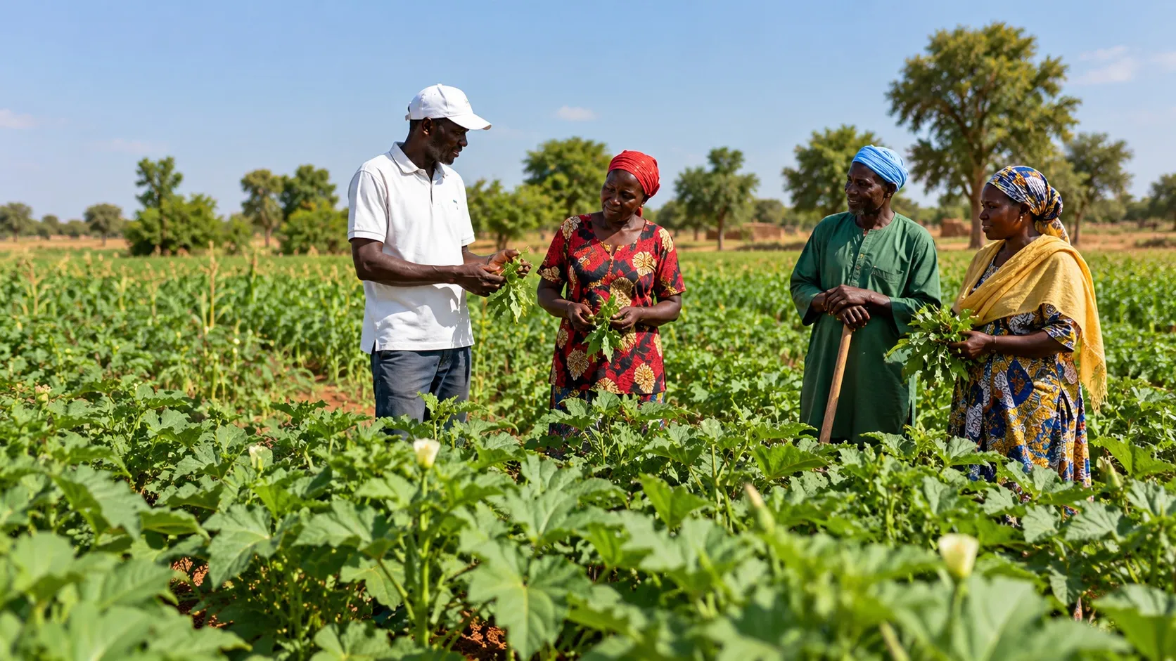 Agriculteurs dans un champ vert au Mali — projet Sene Sugu Folo